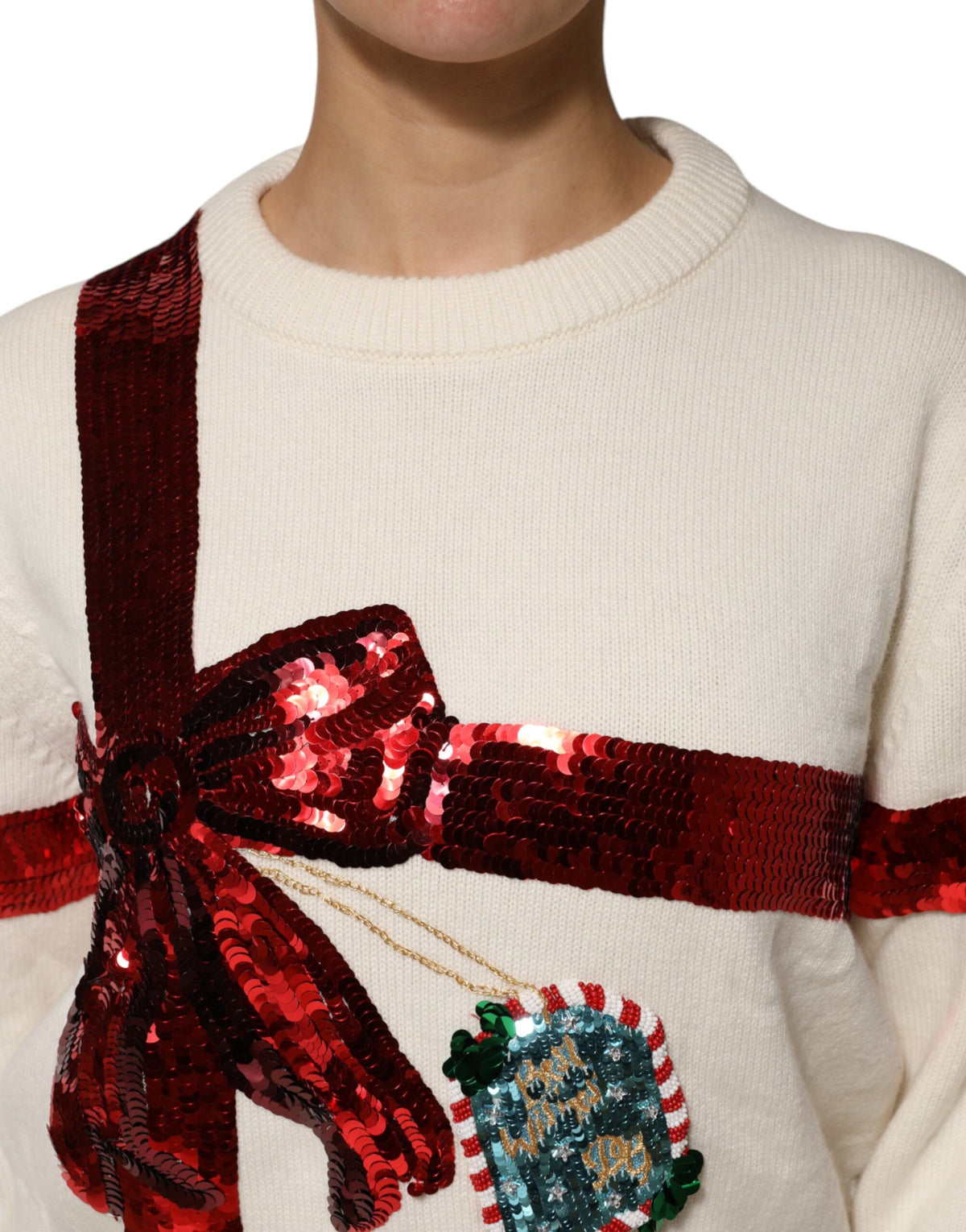 Dolce & Gabbana White Sequined Crew Neck Pullover Sweater